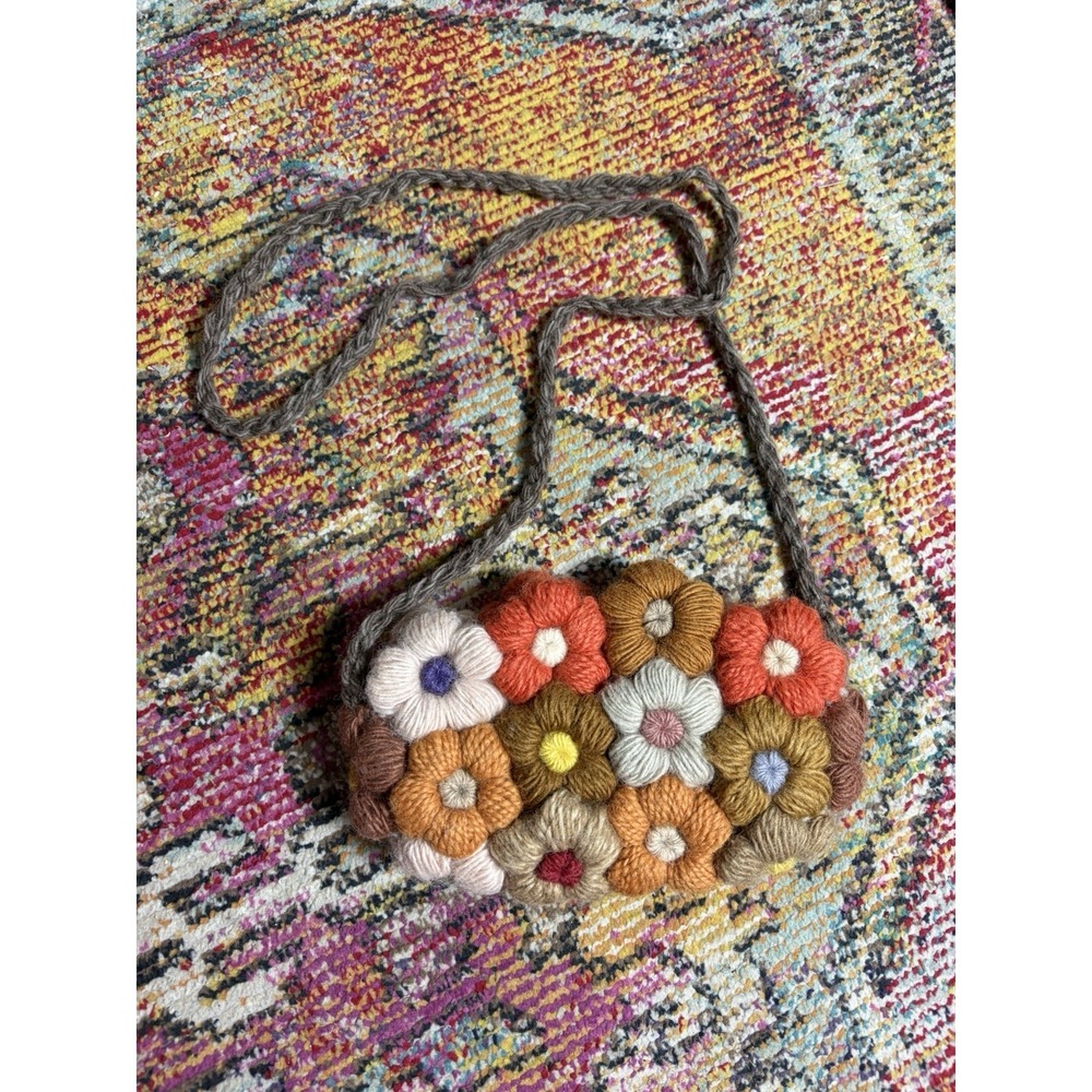 Yarn Purse Clustered Flowers Handmade Needlework Boho Vintage Festival Hippie